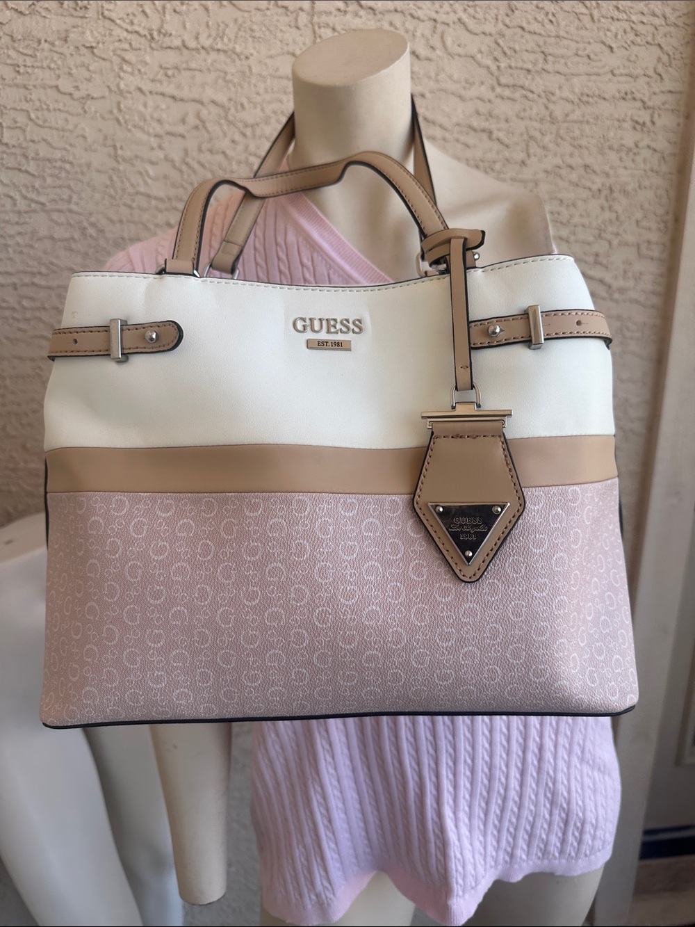 GUESS Two-Tone White and Blush Tote with Tan Trim and Bag Charm
